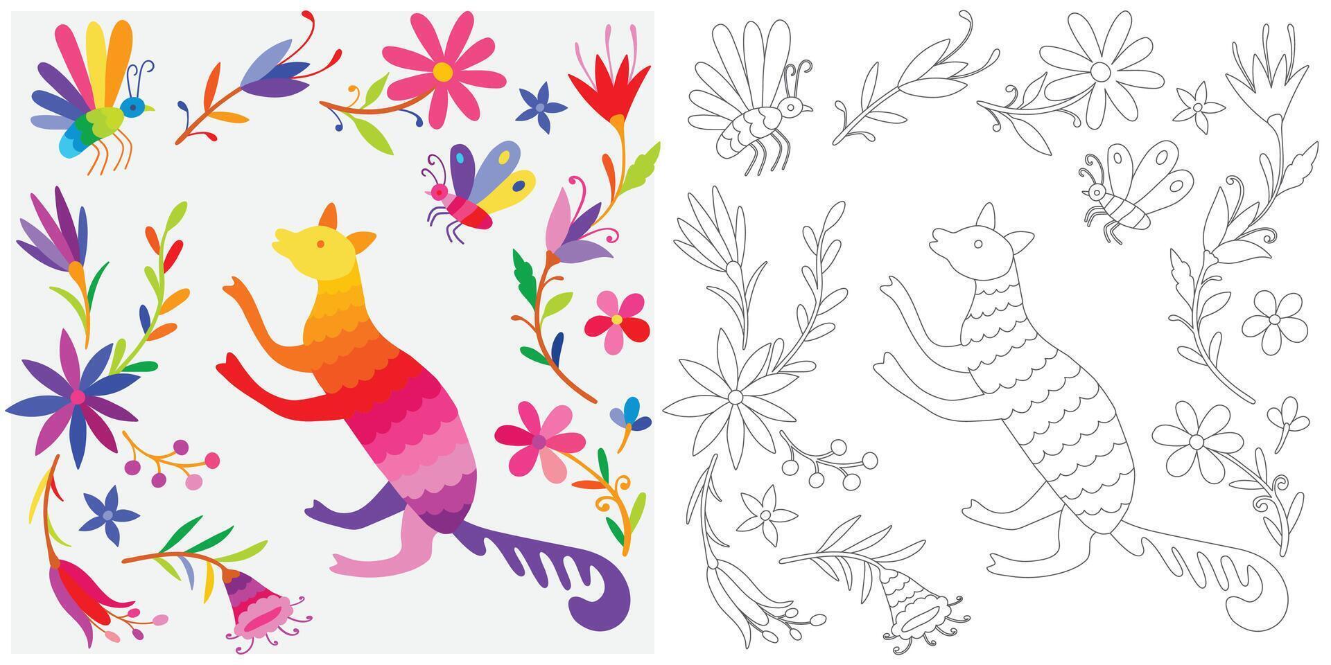 Coloring page, example for coloring, composition with and animals in Mexican style vector
