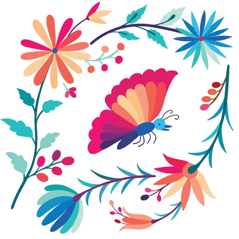 Otomi style graphic, wallpaper. Colorful Mexican Traditional Textile Embroidery Style. vector
