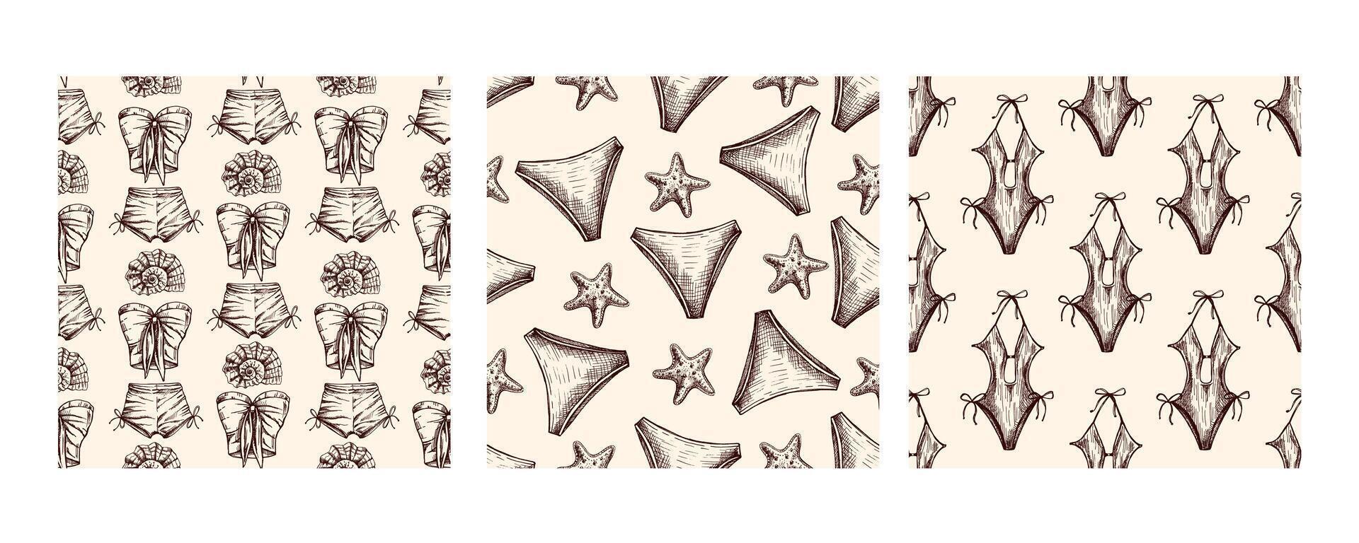 Hand drawn summer seamless pattern collection with beige tones in vintage style vector