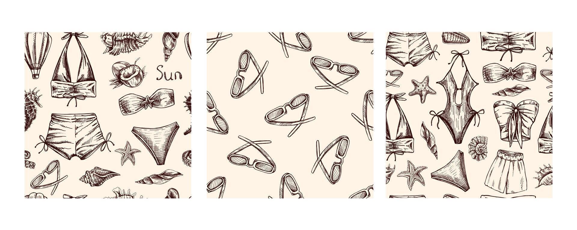 Seamless summer pattern collection in hand drawn vintage style with beige tones vector
