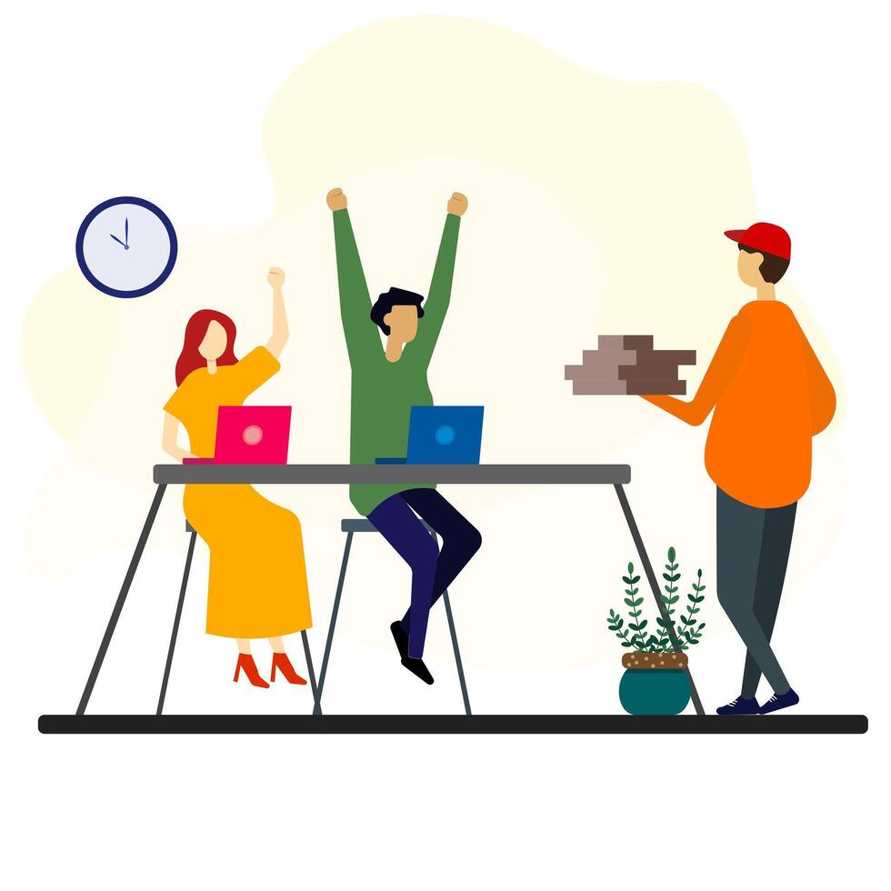 The boy and girl work at table with laptops greeting happily to rourier man bringing food into office. Coffe break concept. Employees activities. vector