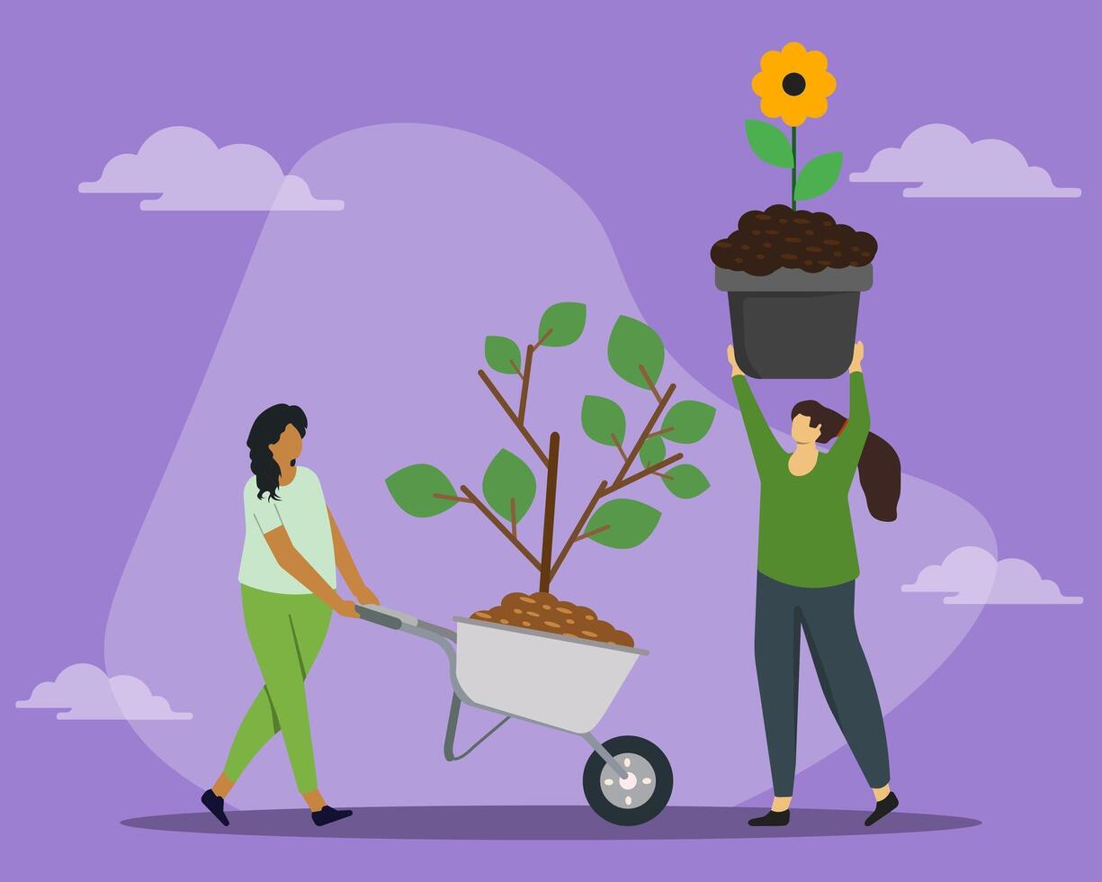 Peoples is planting a tree sapling. A woman seedling tree on wheelbarrow and other woman lifting the pot containing sunflower. Caring for nature and ecology. Environment, save earth, save forest. vector