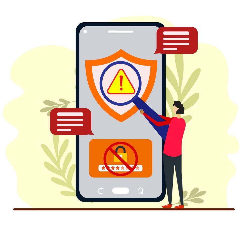 Social media guidelines concept. Man with a magnifying glass examines messages on smartphone screen about denied access on his account password. User protection, cyber security. vector