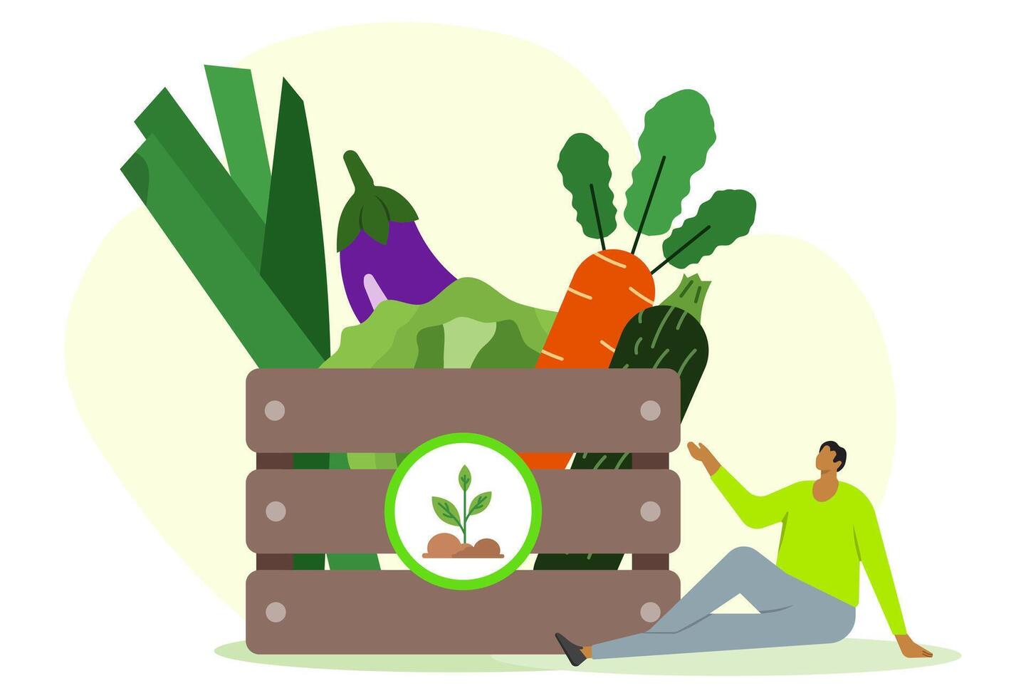 Young man receiving organic veggie box delivery from farmers market. Grocery vegetables concept. Local produce support and farm product vector
