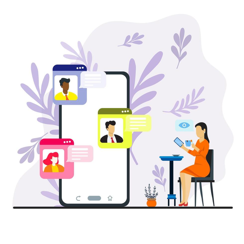 Woman drinks chocolate in a her home and communicates via online connection with other people using a mobile app. A people in different windows on the smartphone screen vector