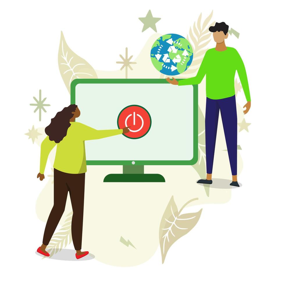 Girl turns off the switch on computer monitor and man bring the world ball with reuse energy symbol. Saving energy, save hour, save earth, renewable energy vector