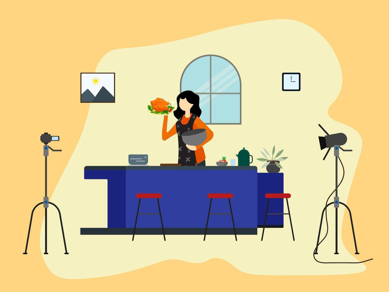 Woman chef making fried chicken online in front of cameras. Character streaming and teaching how to cook chicken. Cooking Chanel content, Cooking blogger . vector