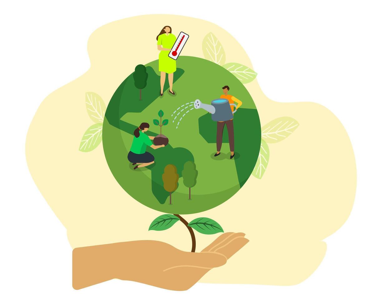 Save Planet Earth Concept. Woman and Man Planting and Watering Trees, Measuring Planet Temperature. Global Warming, Climate Change, Earth Day, Environment Protection. vector