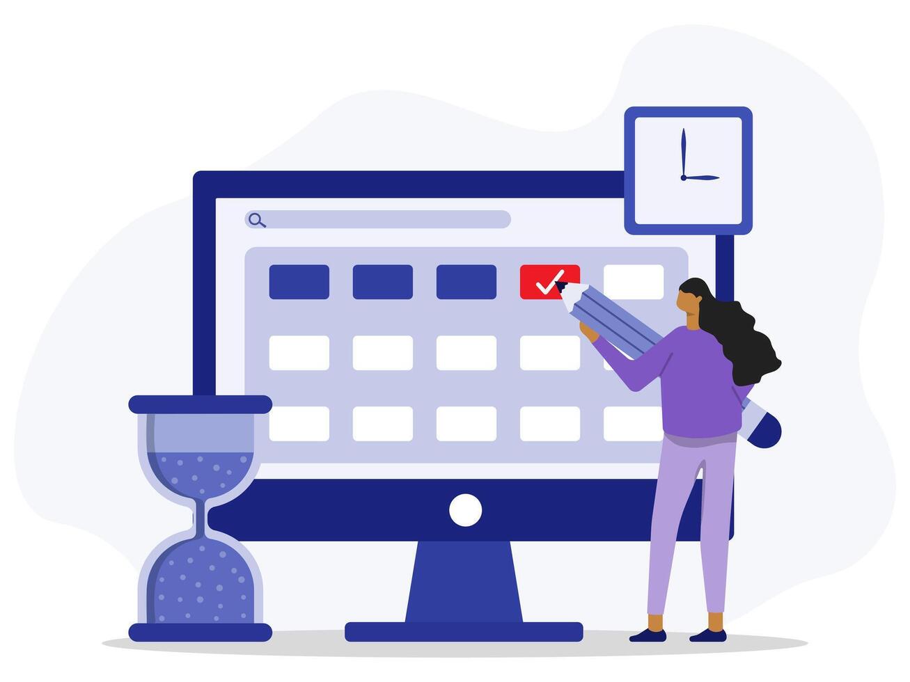 Time management. Character with pencil done tasks with mark in check box of to do list. Organizing schedule and planning work tasks and appointments. Work tasks, filling check list, making schedule. vector