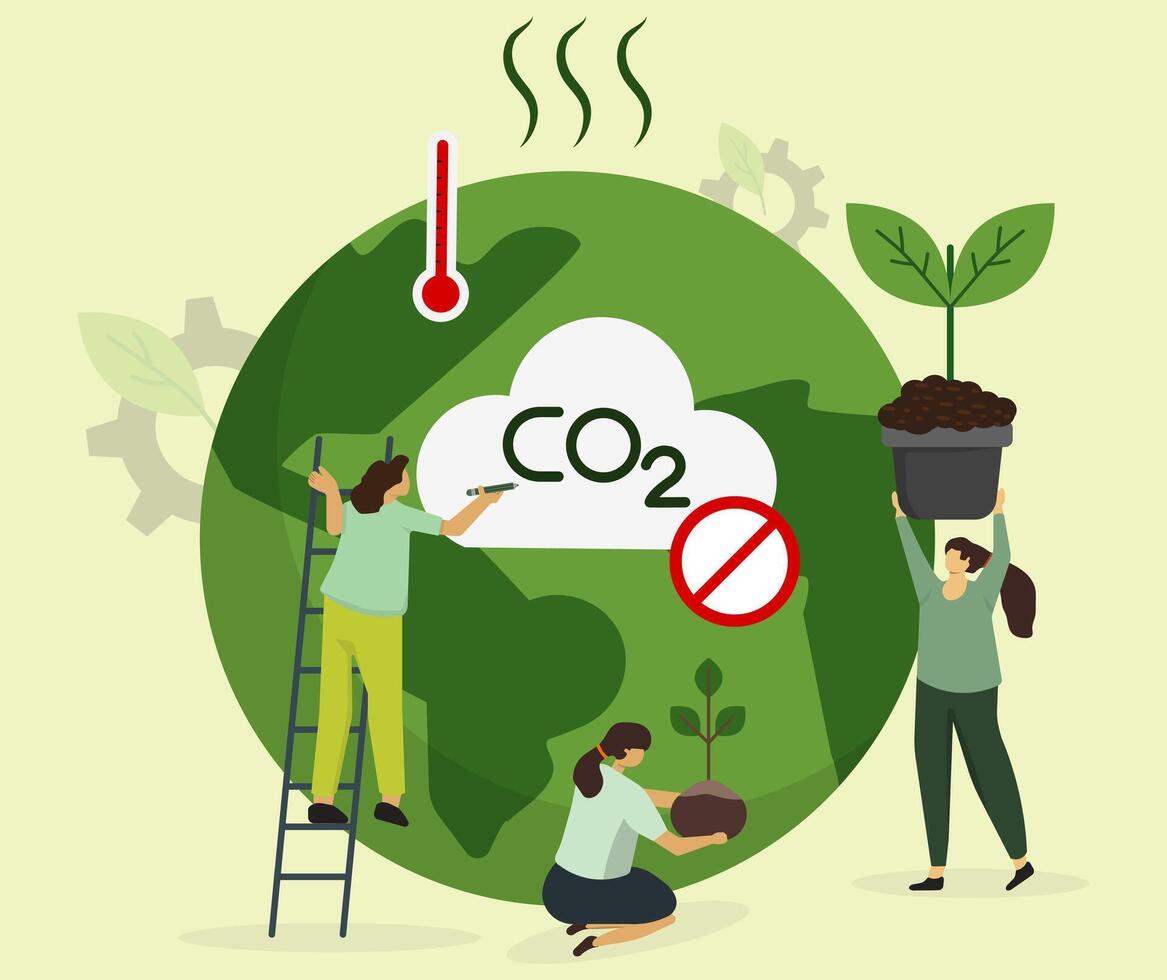 Protection environment and ecology concept. People care to save earth warning about CO2 emission, reforestation of trees, sustainable environmental management. vector