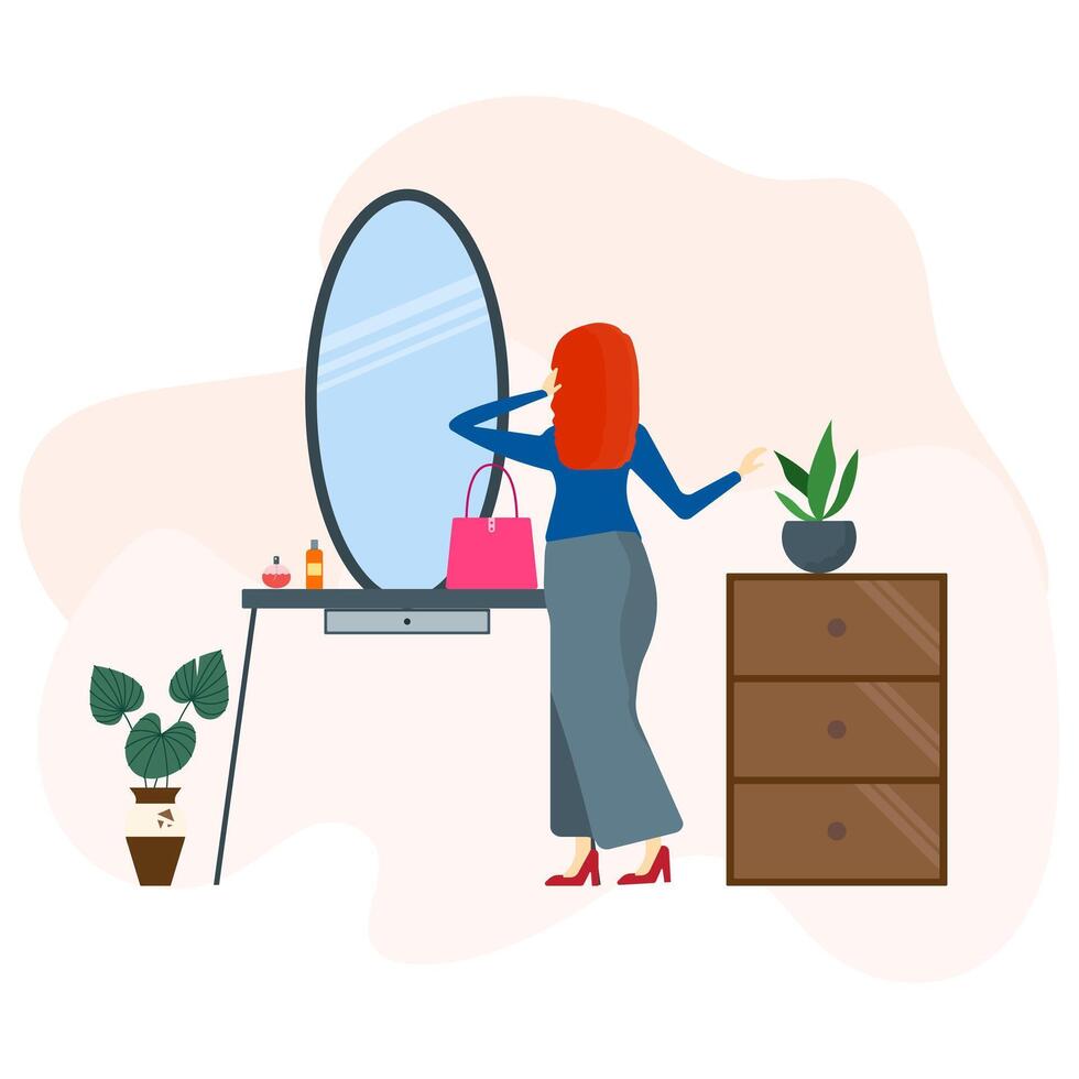 Woman standing near console mirror with cosmetic and bag and applying makeup while getting ready for work. Everyday personal care, hygienic procedure. vector