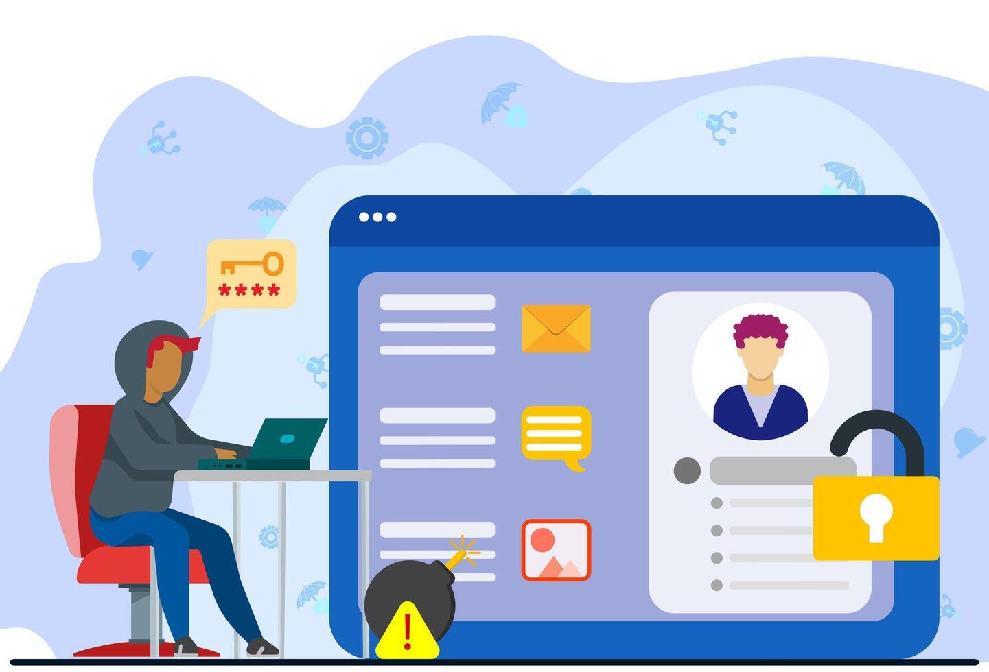 Social media account hacking concept. Male cartoon character hacker trying to enter password to collect personal information on social network. Internet abuse. Publishing sensitive personal data. vector