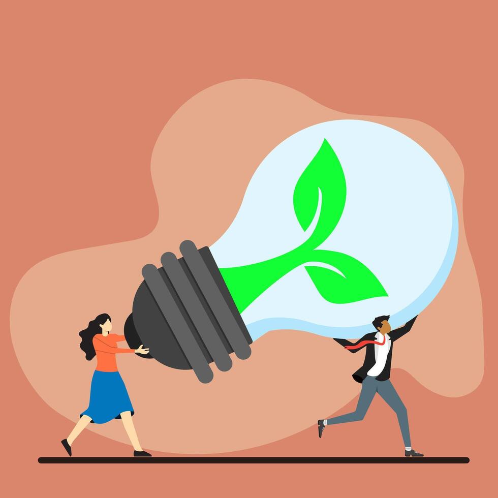 People employees carry ESG, sustainable lightbulb, sustainability, ESG, eco environment friendly or clean energy solution, green renewable power, reuse or recycle ecosystem. vector