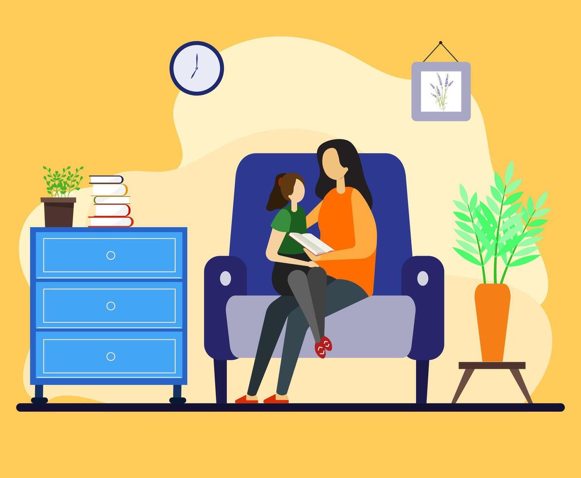 Family time concept. Mom is reading book to little daughter at home seated on a comfortable couch in the living room. Mom spending time with her kid. vector