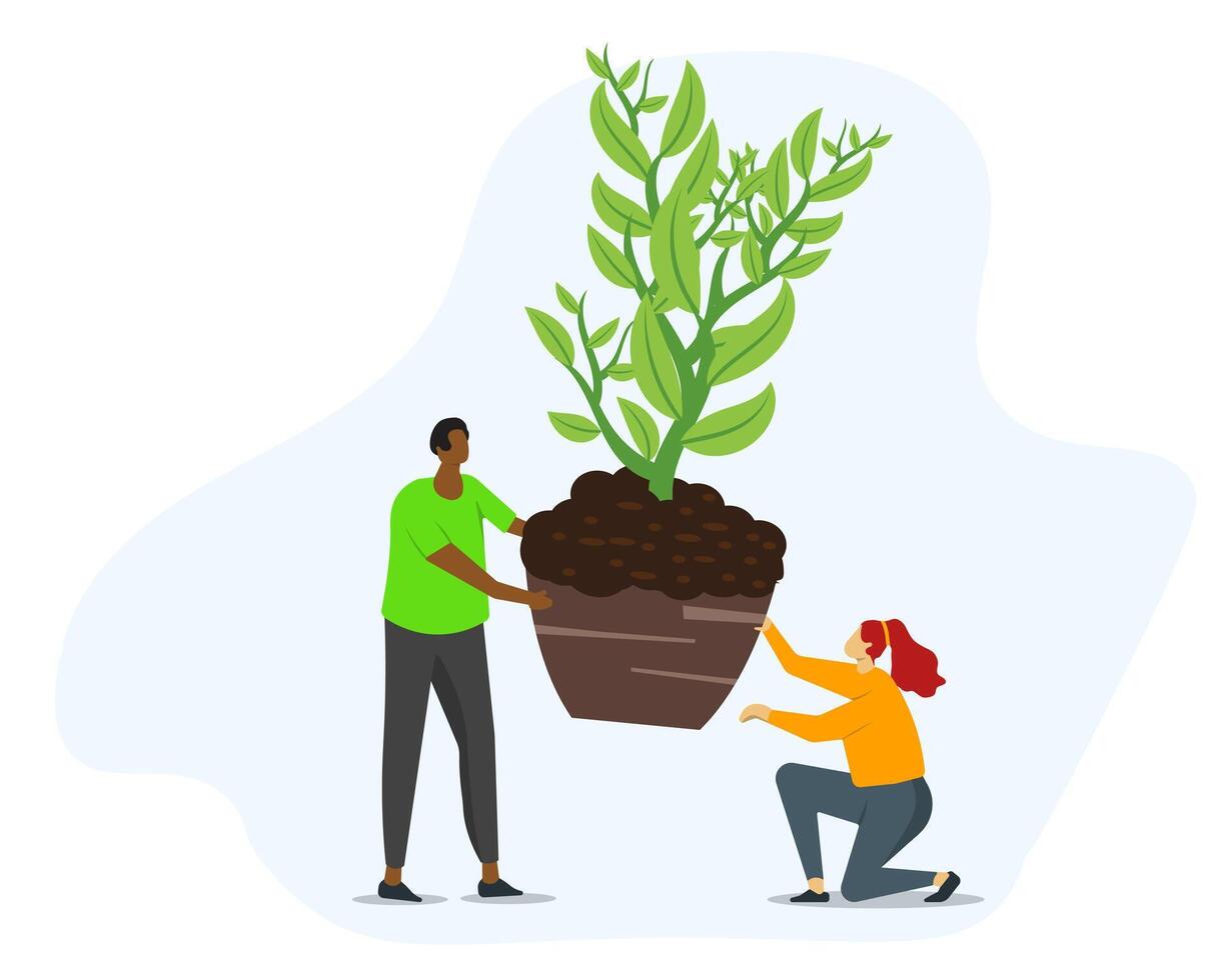 People plants trees seedling. Cartoon agricultural worker takes care of crops, gardener grows bush. Characters trying to save planet earth from climate change. vector