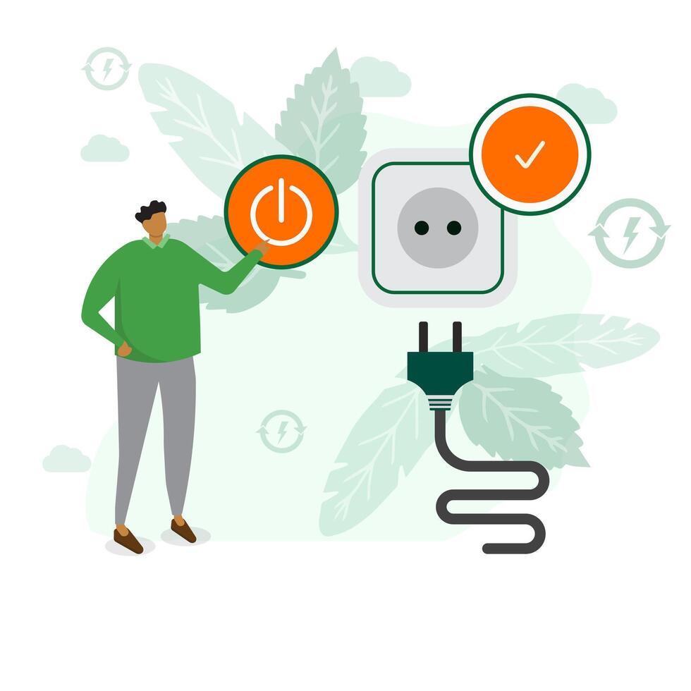 Energy saving concept. Man turns off the switch which is close to unplugging the cable from the wall socket. Reduce energy consumption at home. Save hour. vector