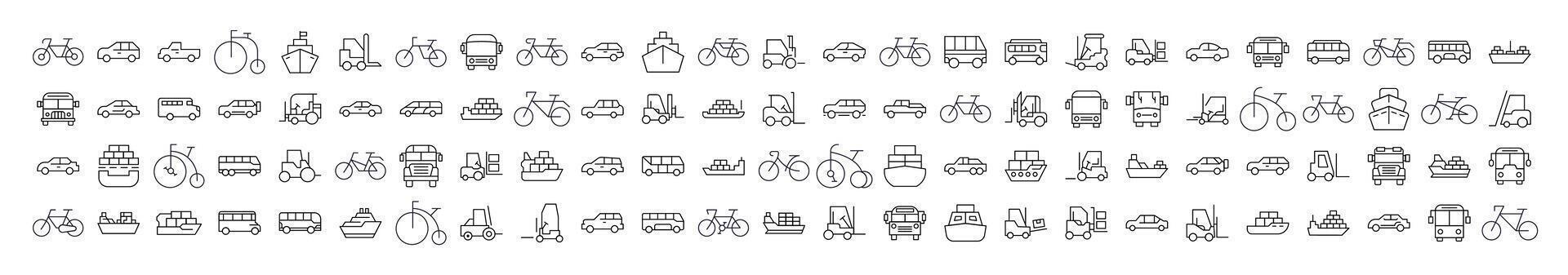 Bus, Ship, Tractor, Bicycle, Car Related Icon Set. Editable Stroke. Perfect for Web Sites, Books, Cards, Apps vector