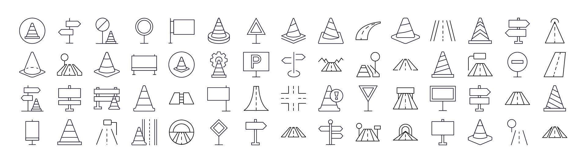 Road, Path, Traffic Cone Line Icon Set. Outline Signs for Graphic and Web Design, Apps, Adverts, Various Cards vector
