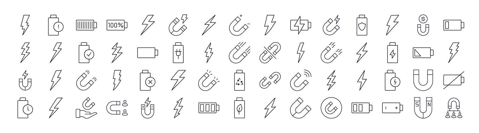Pack of Magnet, Battery, Lightning Related Line Icons. Outline Signs for Graphic and Web Design, Apps, Adverts, Various Cards vector