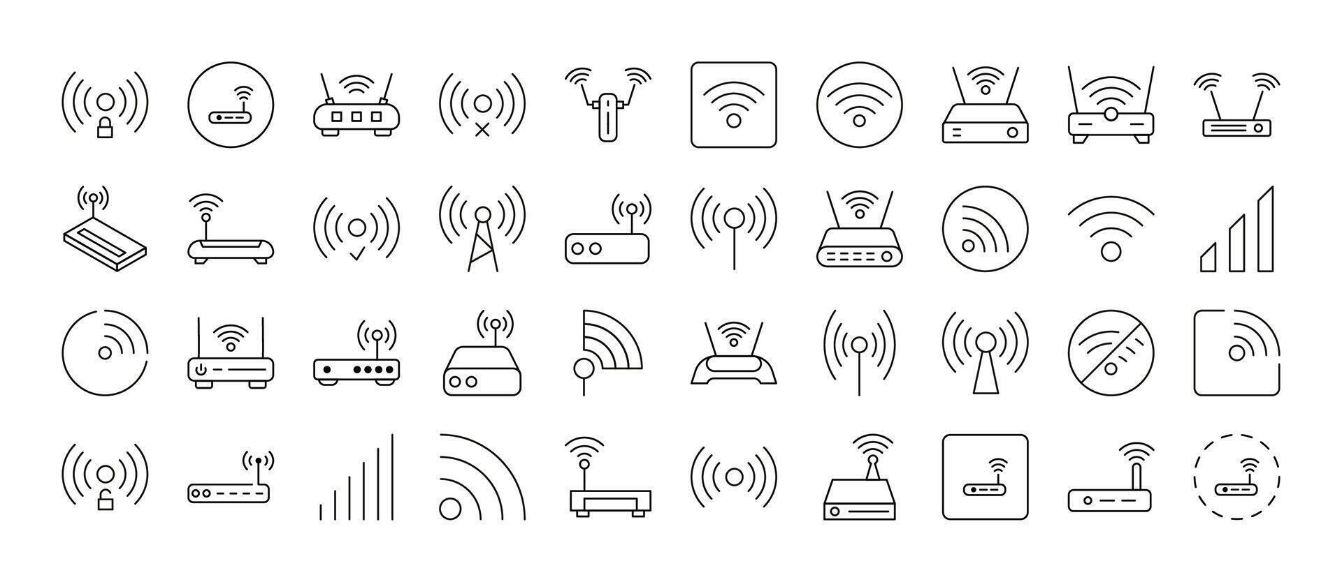 WiFi and Router Line Icon Set. Outline Signs for Graphic and Web Design, Apps, Adverts, Various Cards vector