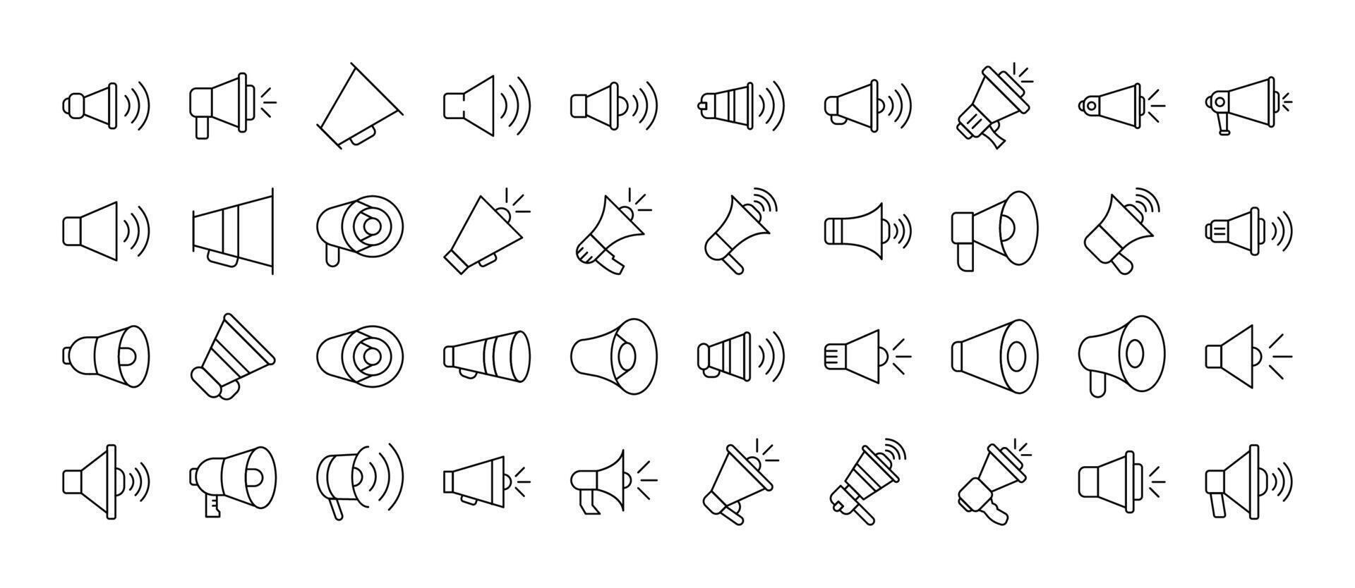Bundle of Loud Speaker Related Line Icons. Outline Signs for Graphic and Web Design, Apps, Adverts, Various Cards vector