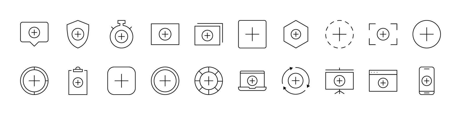 Plus Sign Line Icon Collection. Outline Signs for Graphic and Web Design, Apps, Adverts, Various Cards vector
