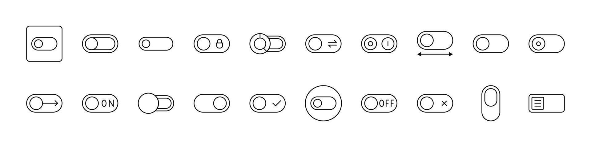 Collection of On Off, Switch Related Line Icons. Outline Signs for Graphic and Web Design, Apps, Adverts, Various Cards vector