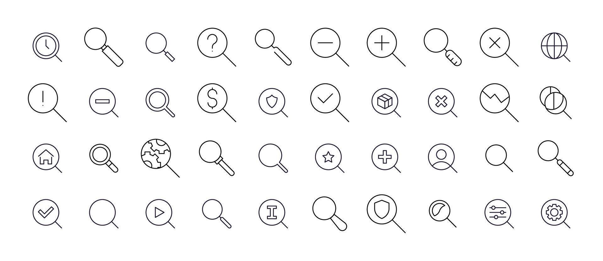 Magnifying Glass Line Icon Pack. Outline Signs for Graphic and Web Design, Apps, Adverts, Various Cards vector