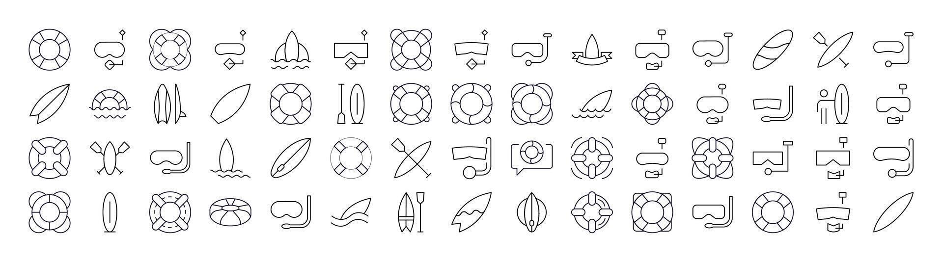 Simple Linear Icon of Surfboard, Lifeline, Diving Mask. Minimalistic Linear Pictogram for Web and Graphic Design, Apps, Banners, Social Network and Cards vector