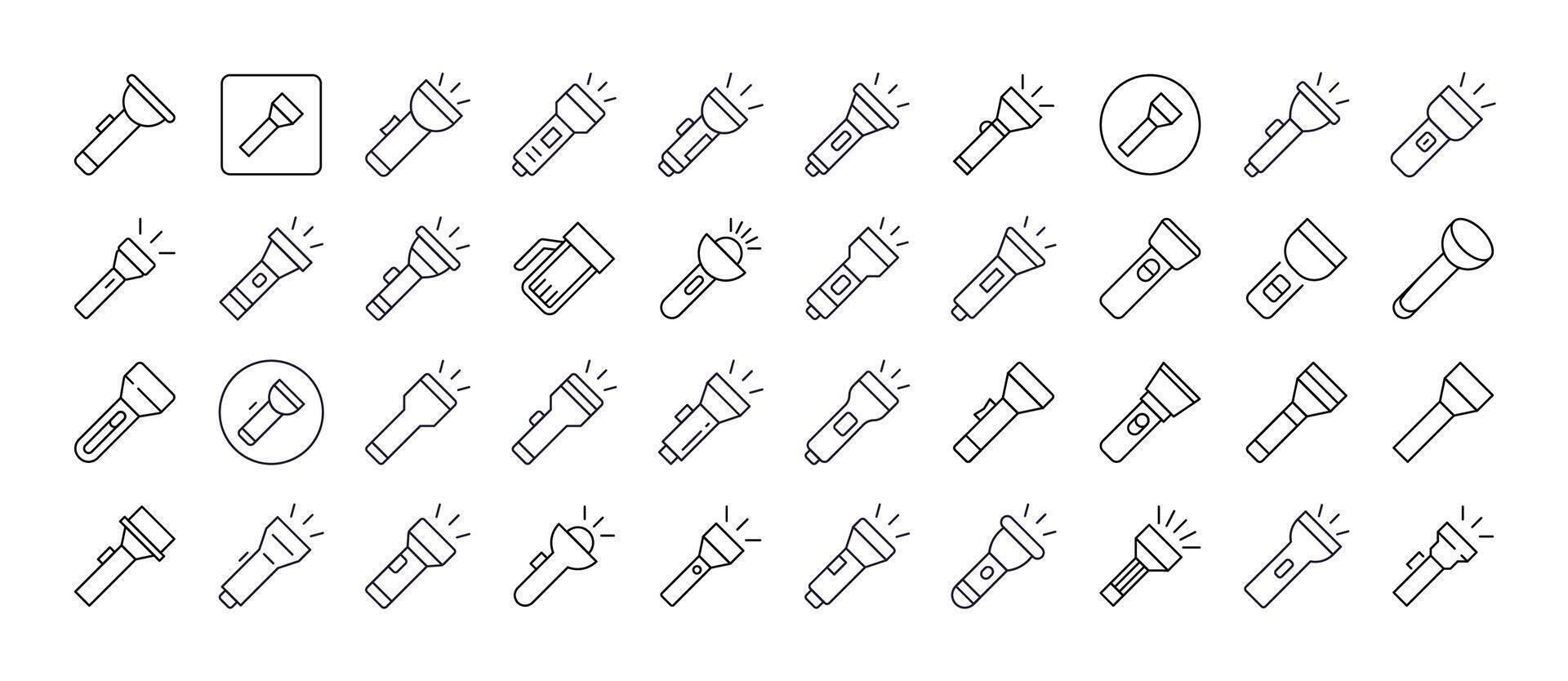 Camping Flashlight Line Icon Collection. Outline Signs for Graphic and Web Design, Apps, Adverts, Various Cards vector