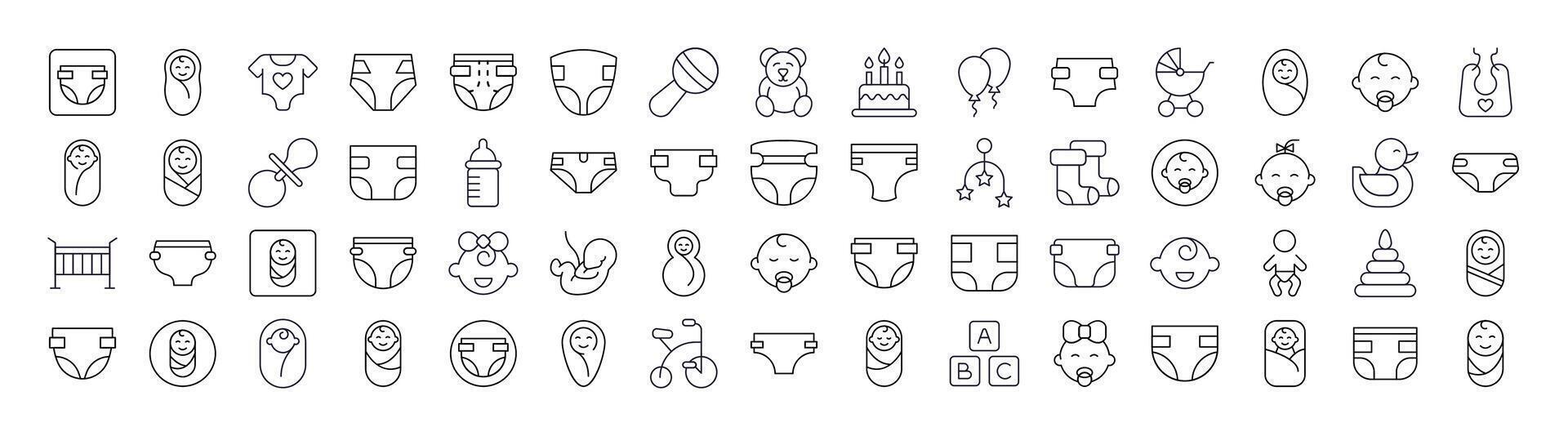 Pack of Family, Baby, Diapers Related Line Icons. Outline Signs for Graphic and Web Design, Apps, Adverts, Various Cards vector