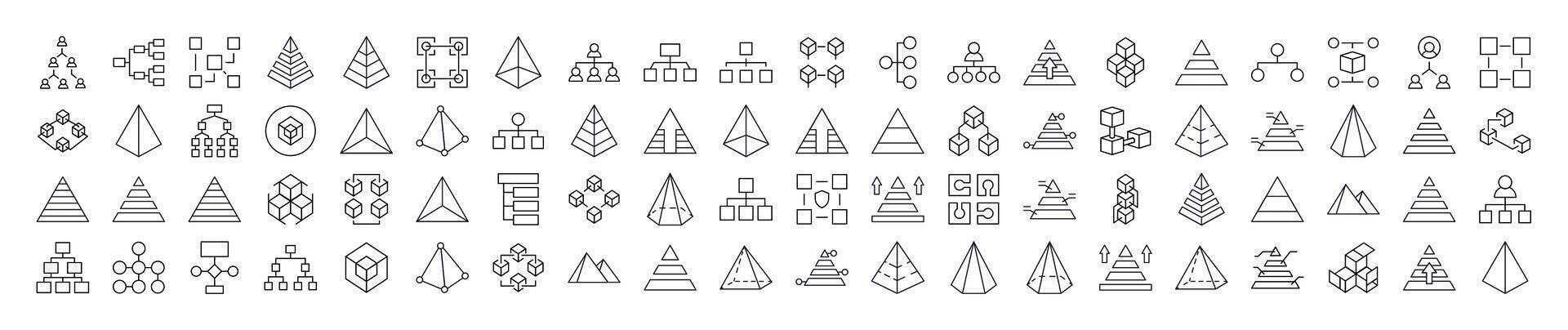 Pyramid, Hierarchy, Cubes Thin Line Icon Set. Outline Signs for Graphic and Web Design, Apps, Adverts, Various Cards vector