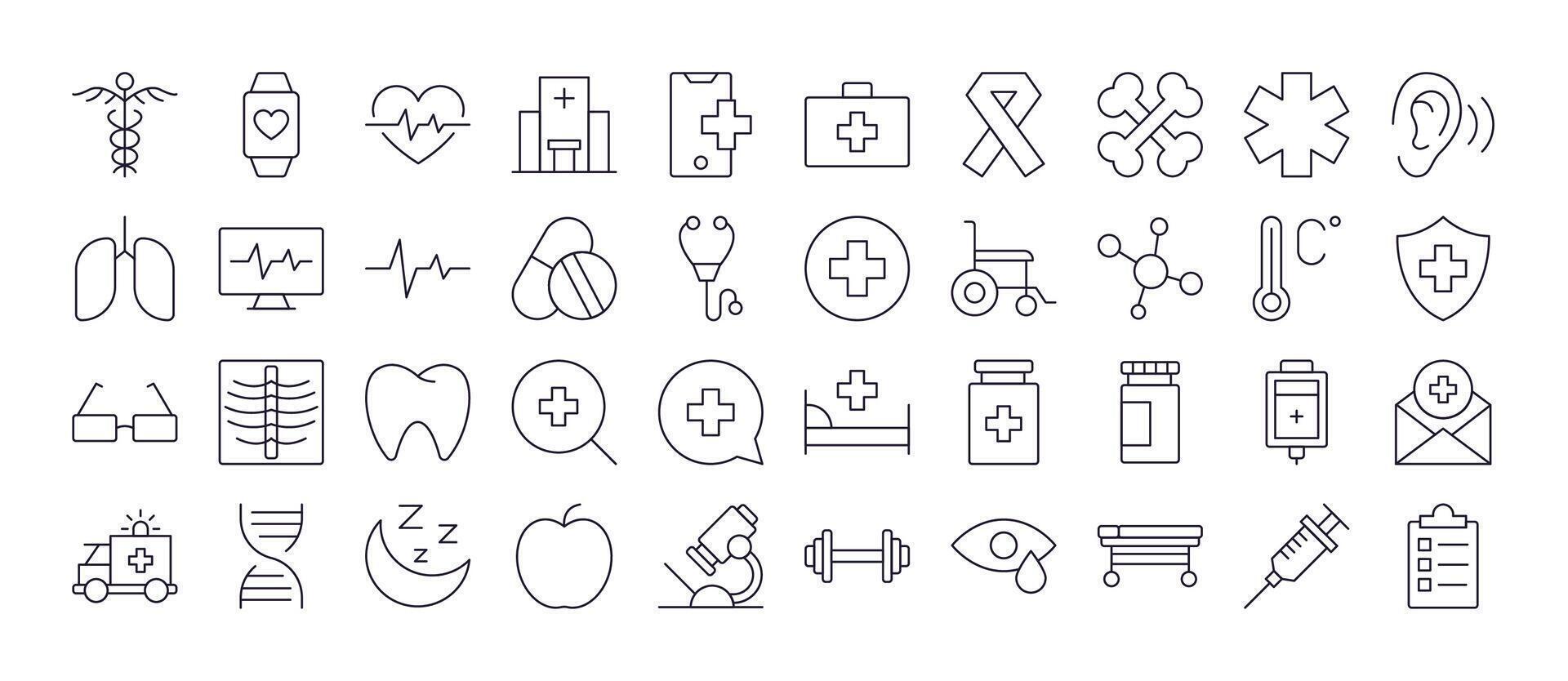Medical Cross, Heart, Bones, Health Care Line Icon Bundle. Minimalistic Linear Pictogram for Web and Graphic Design, Apps, Banners, Social Network and Cards vector