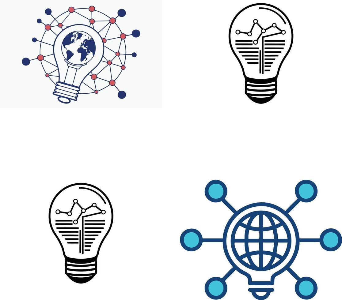 Creative Light Bulb Designs Representing Innovation and Global Connectivity in Modern Technology and Brainstorming Sessions. vector