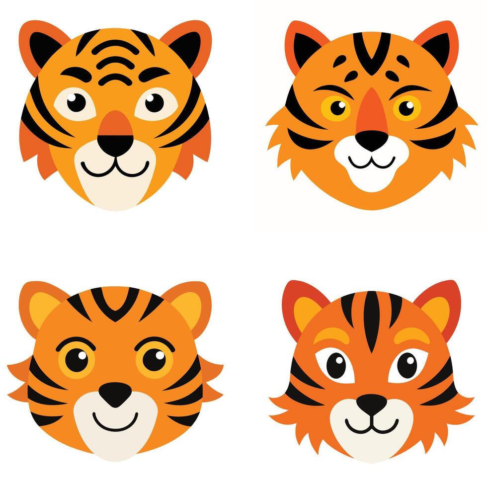 Cute Cartoon Tiger Faces for Kids' Designs vector