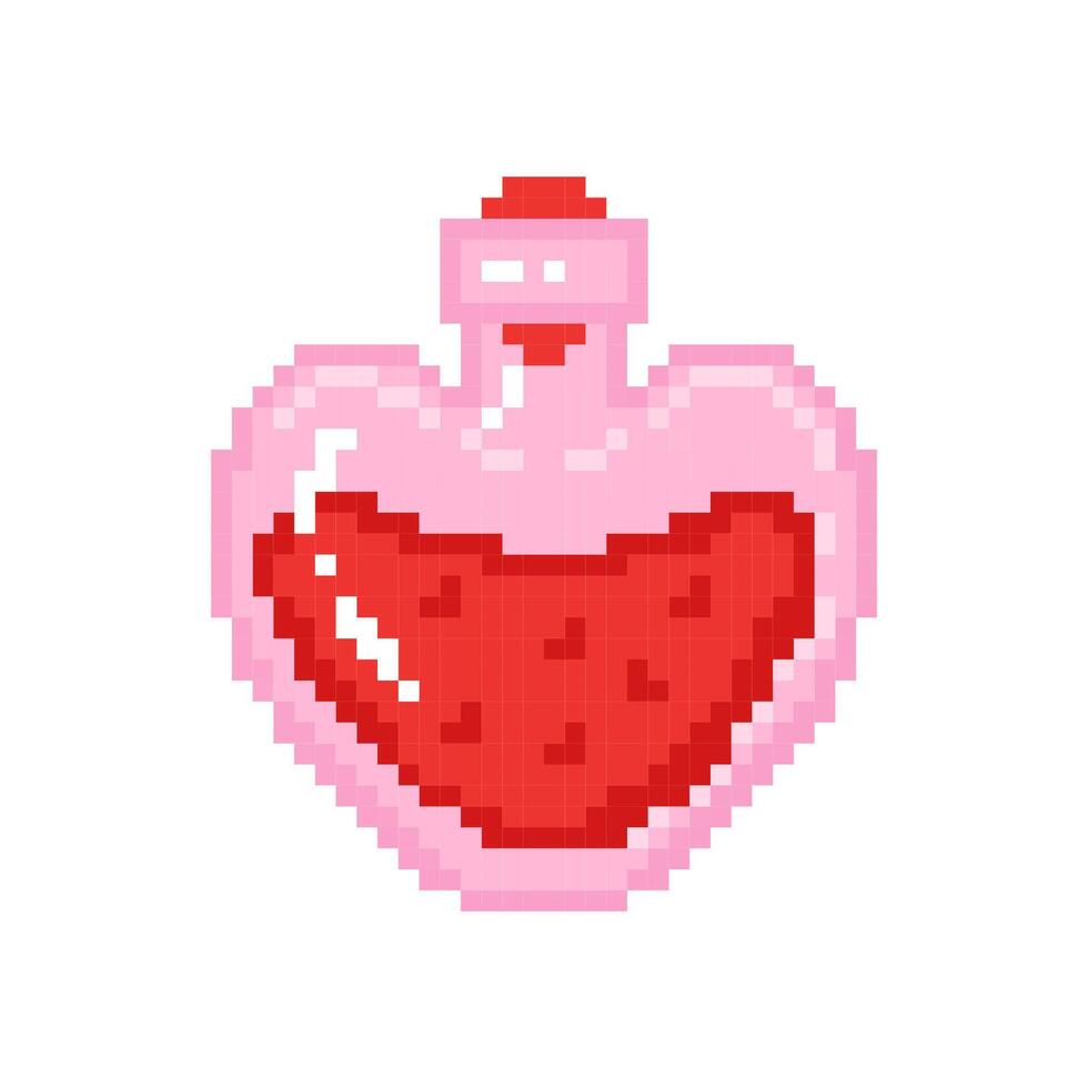 Pixel magic love potion in a glass pink heart-shaped flask. Hand drawn illustration. vector