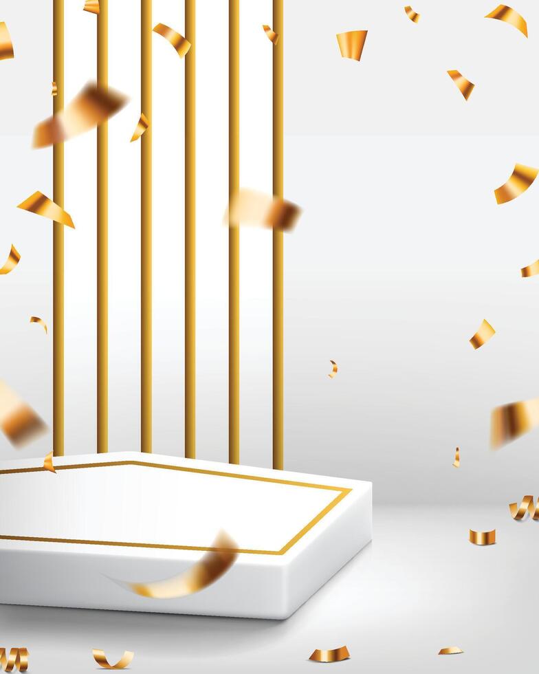 white and golden luxurious 3d product presentation podium background with golden confetti falling vector