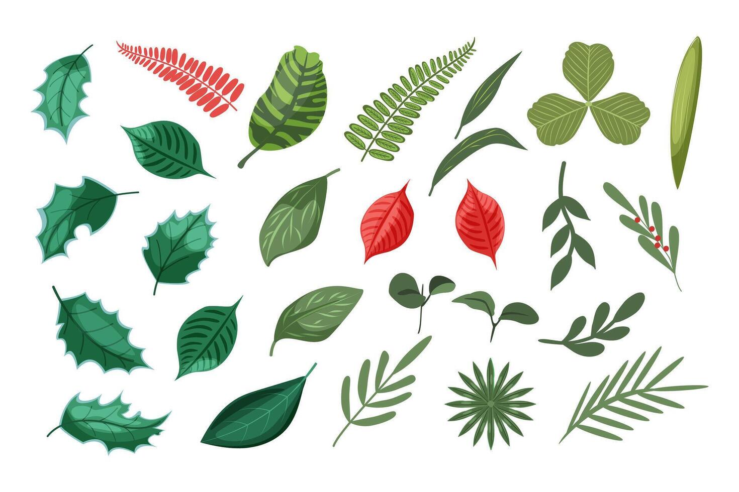 A set of leaves of different green and pink plants and a flower. Nature elements for the design of cards, banners, flyers, leaflets. Illustration on a white background. vector