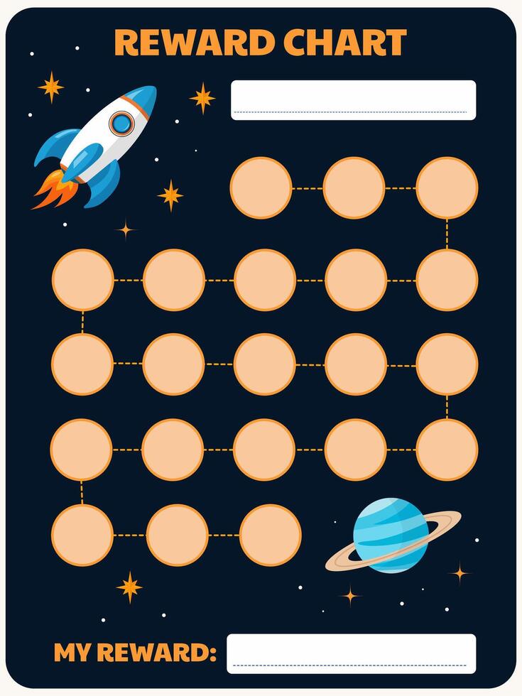 children's reward-tracker on the space theme with a rocket and a planet against the starry sky vector