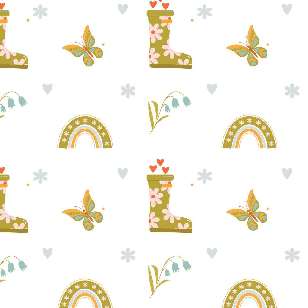Spring pattern with rubber boot with flowers and cute rainbow and flowers vector
