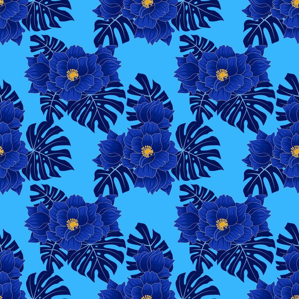 Blue flower and leaves tropical seamless pattern for background vector