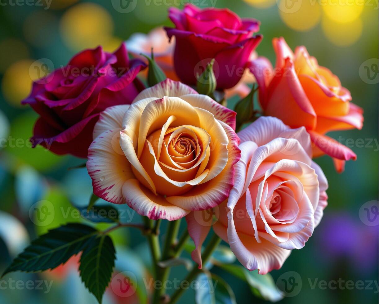 Colorful Roses in Bloom with Soft Focus Background and Bright Bokeh photo