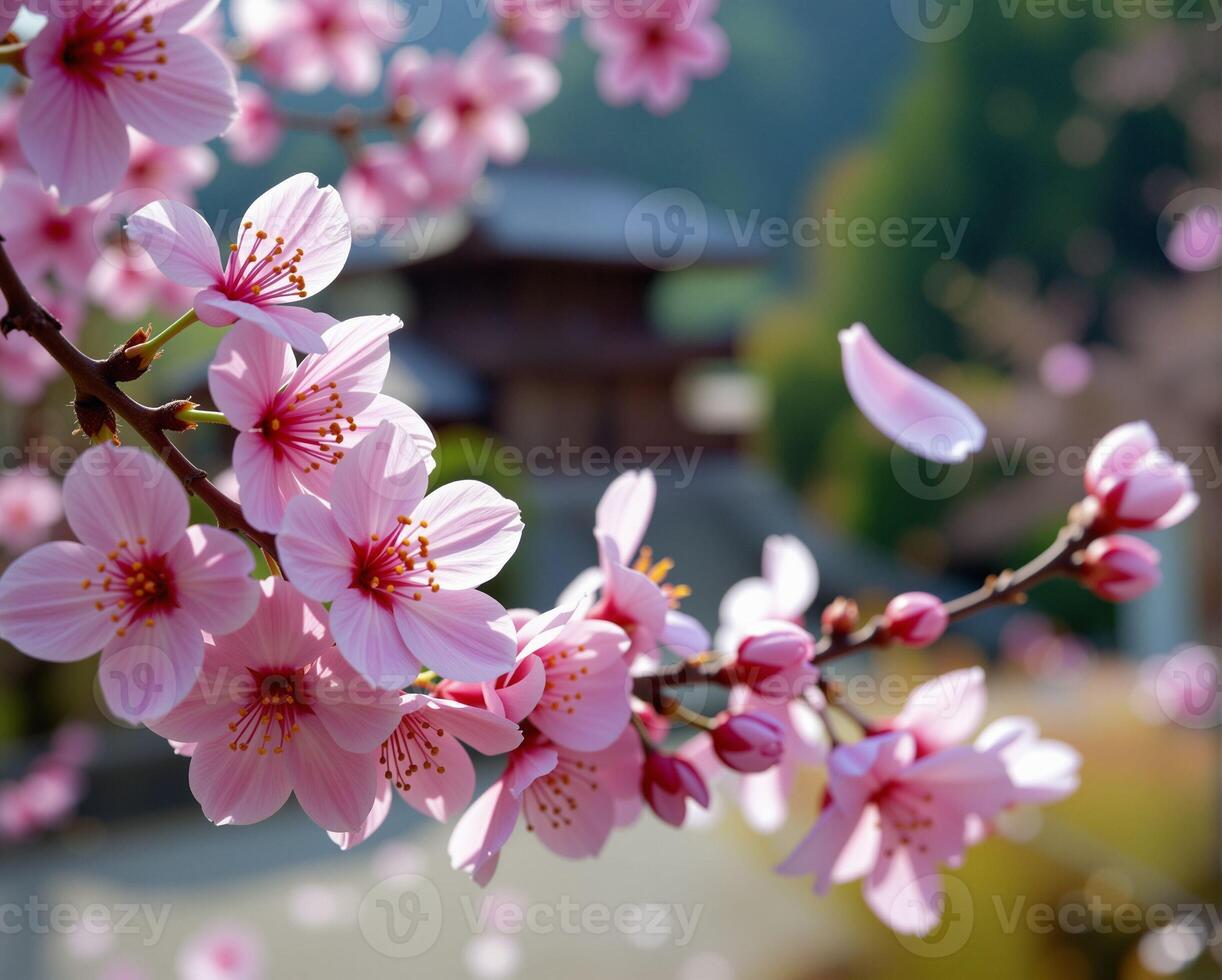 Delicate Pink Cherry Blossoms in Full Bloom Against Soft Background photo