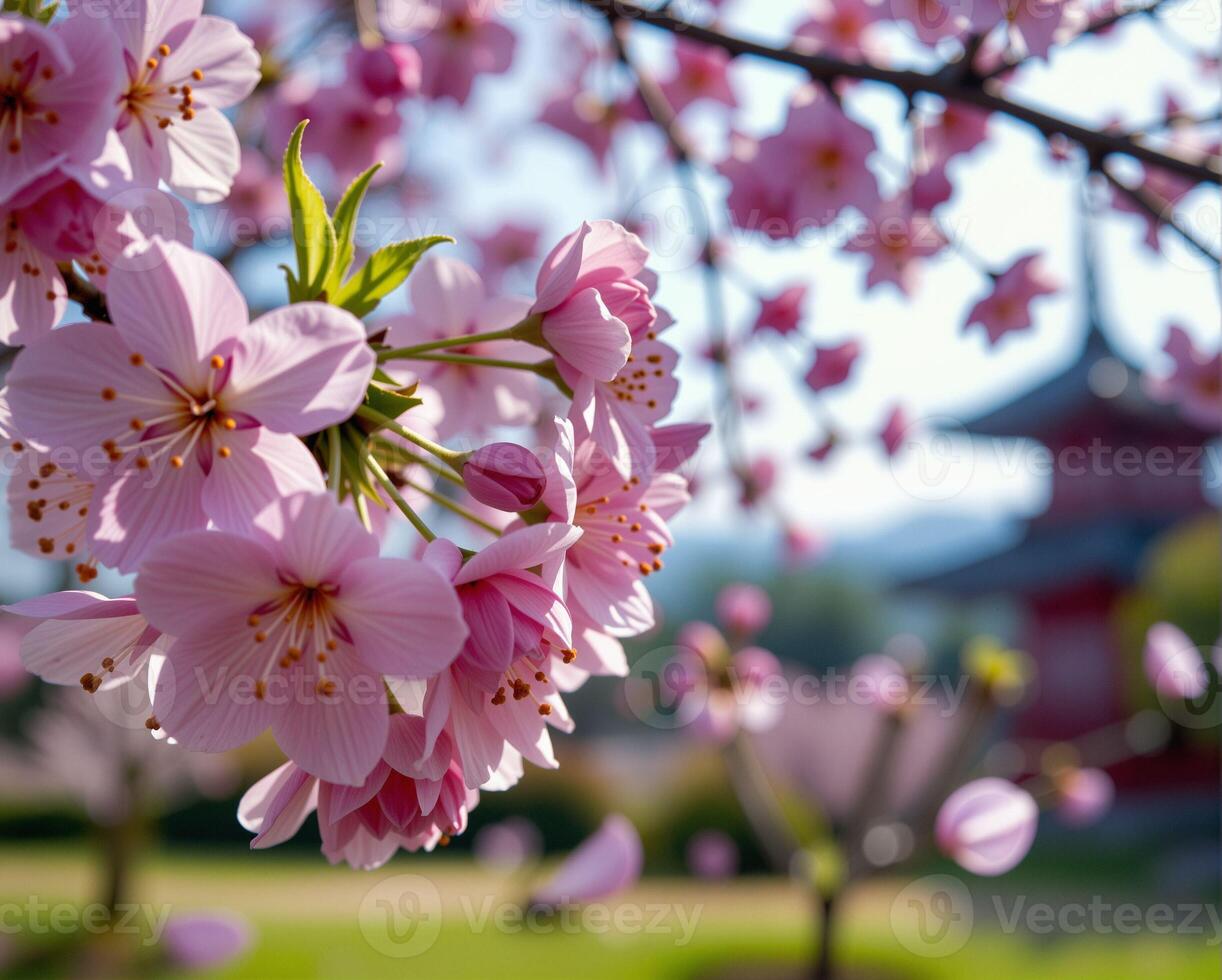 Cherry Blossom Branch with Delicate Pink Flowers and Pagoda Background photo