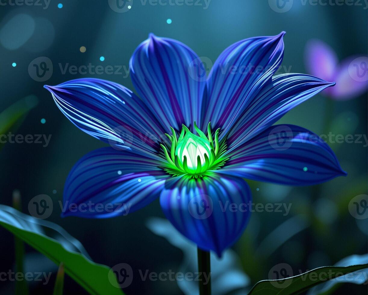Vibrant Blue Flower with Green Center in Enchanting Forest Lighting photo