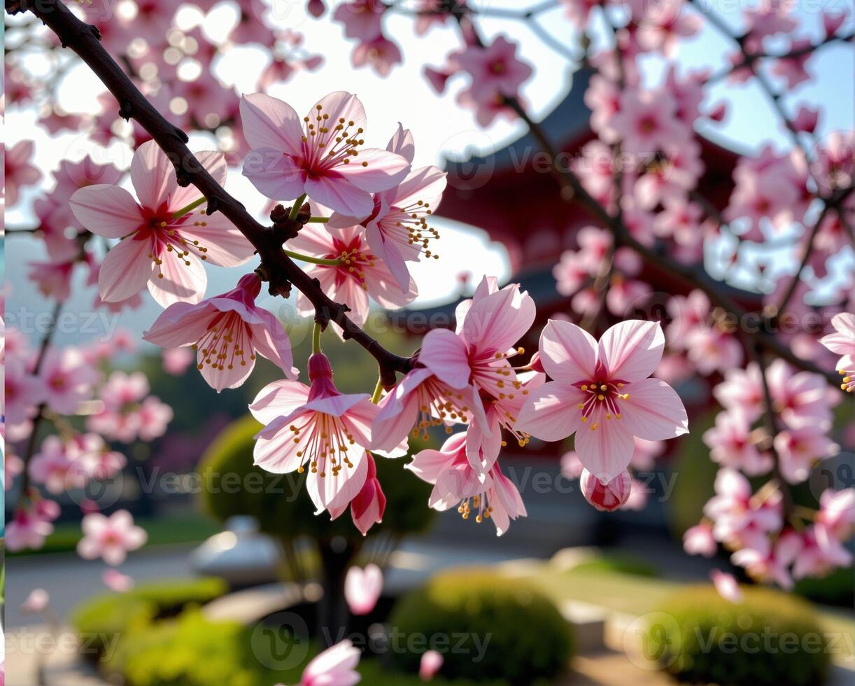 Blossoming Cherry Tree Branch with Traditional Architecture in Background photo