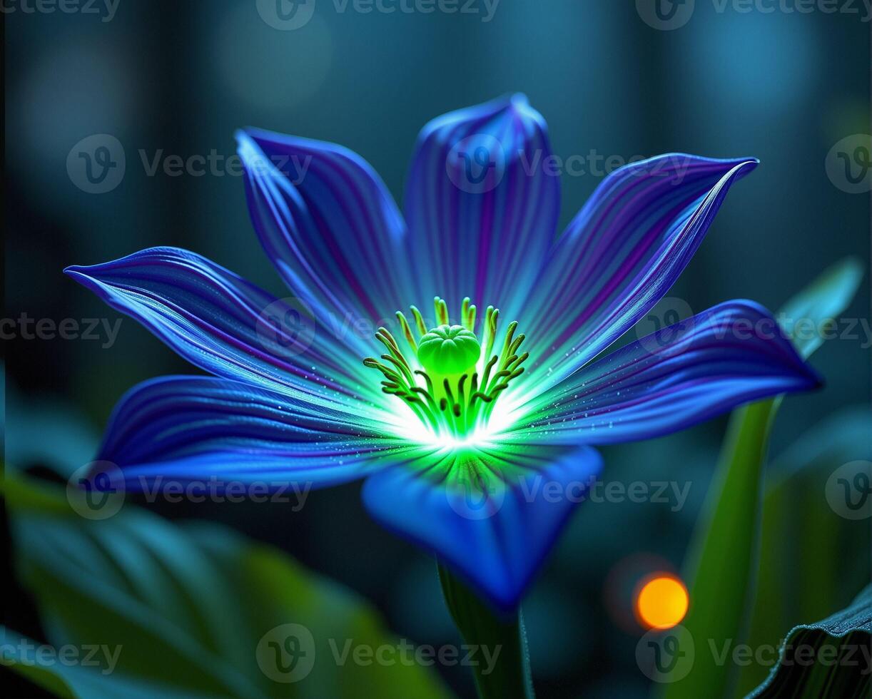 Vibrant Blue Flower with Green Center and Glowing Effects at Night photo