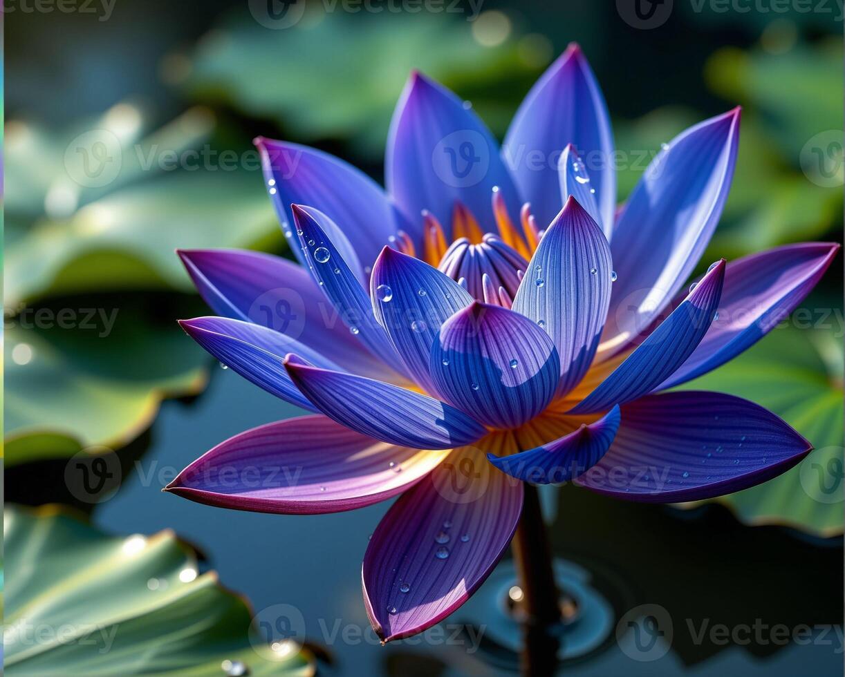 Vibrant Blue Water Lily with Raindrops on Leaves in Tranquil Pond photo