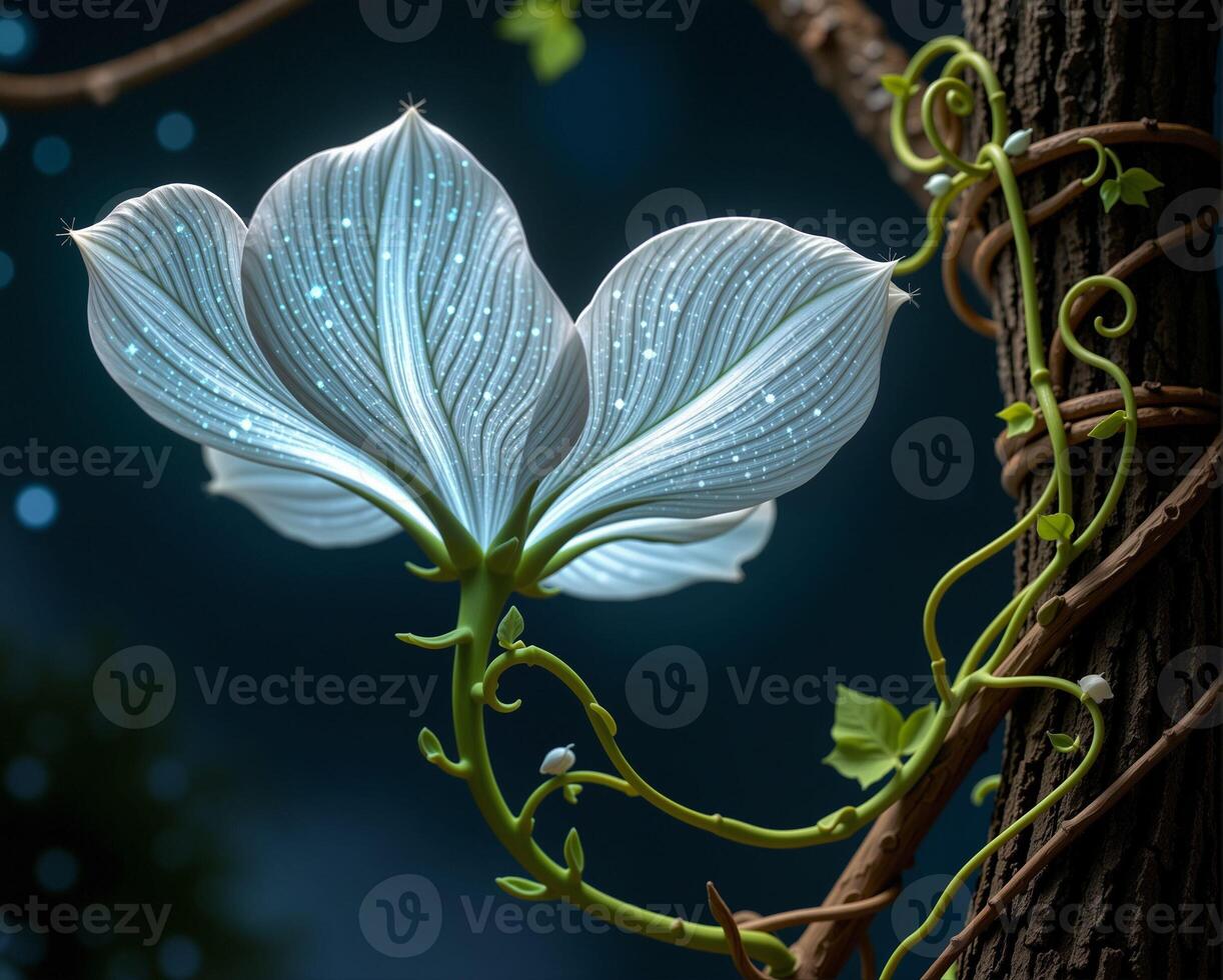 Ethereal Glow of a White Flower with Twisting Green Vines at Night photo