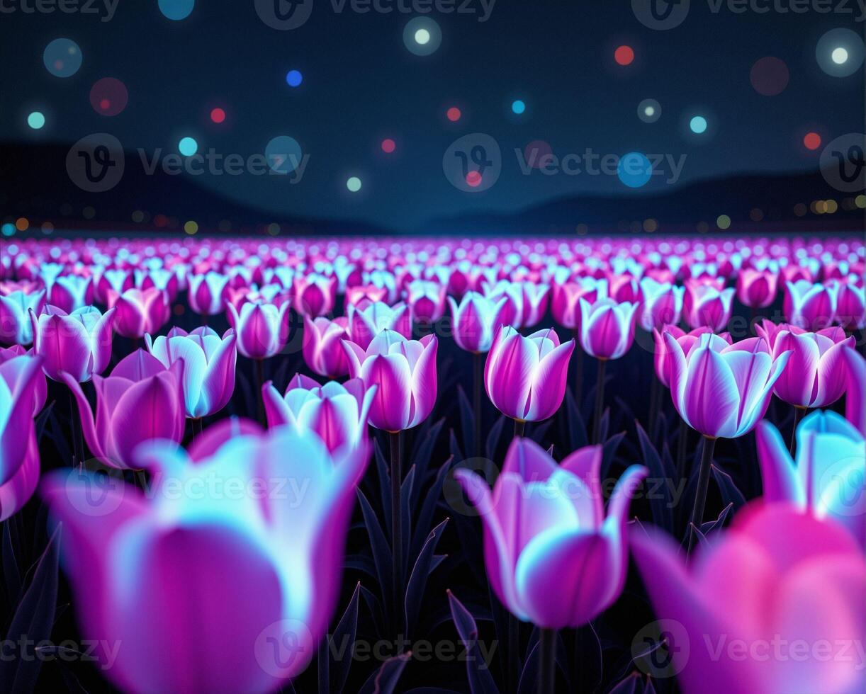 Vibrant Tulip Field with Glowing Bokeh and Night Sky Background photo
